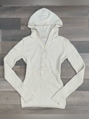 Vintage Y2K Hooded V Neck Top Size S White Ribbed Fitted Snap Front Angora Blend